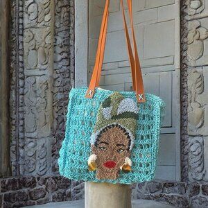 Handmade Aqua Crochet Bag with African Woman Design